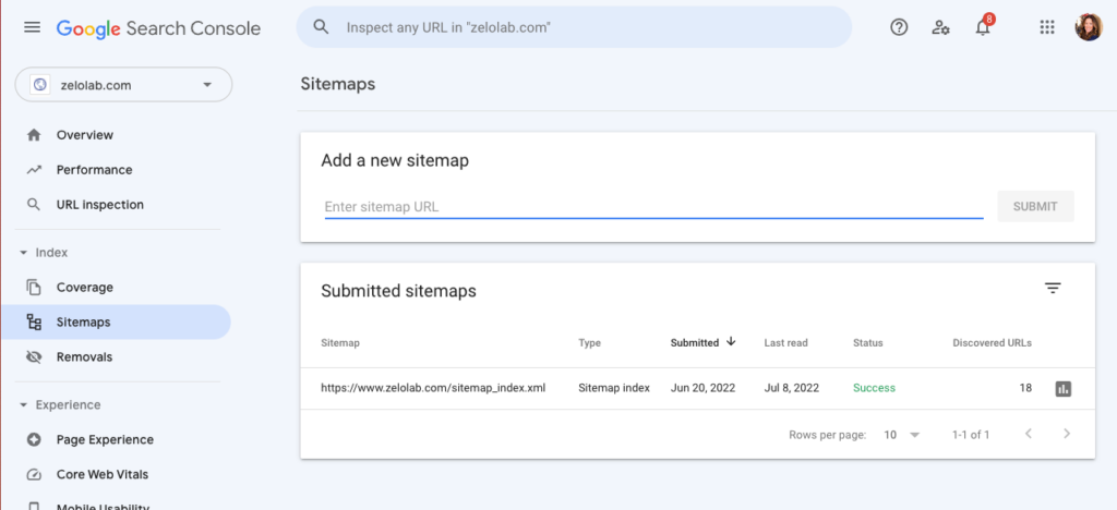 Screenshot of Google Search Console showing Sitemaps as the 5th navigation item