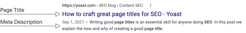 screenshot showing Page Title and Meta Description in a Google search result. Page Title appears on top in large blue text, Meta Description appear below in two lines of small text.