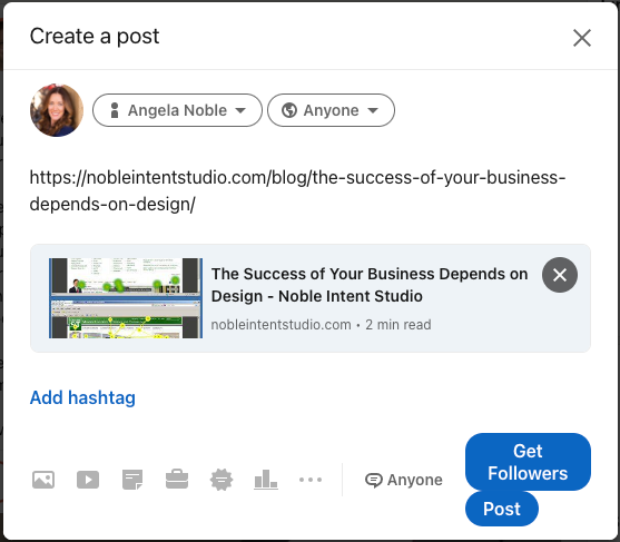 screenshot of LinkedIn post creator dialog box showing a link preview with a small, unreadable image