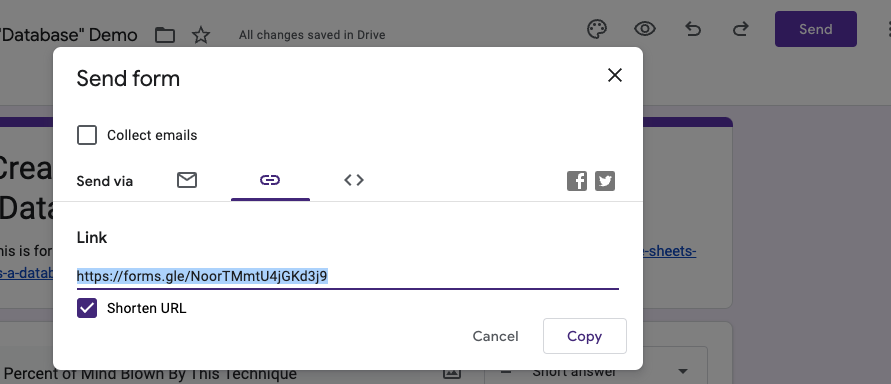 Share the form to via the generated link.