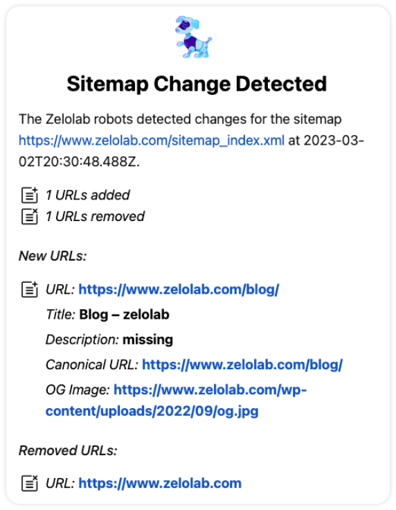 preview of the email alert: includes notifications that 1 URL has been added and 1 URL has been removed. Includes the following data for new URLs: the URL, the Title, the Description (shown as missing), the Canonical URL, the OG Image. Lists removed URLs.